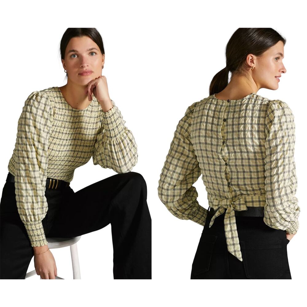 Anthropologie Scotch & Soda Yellow Black Plaid Smocked Long Sleeve Top Medium